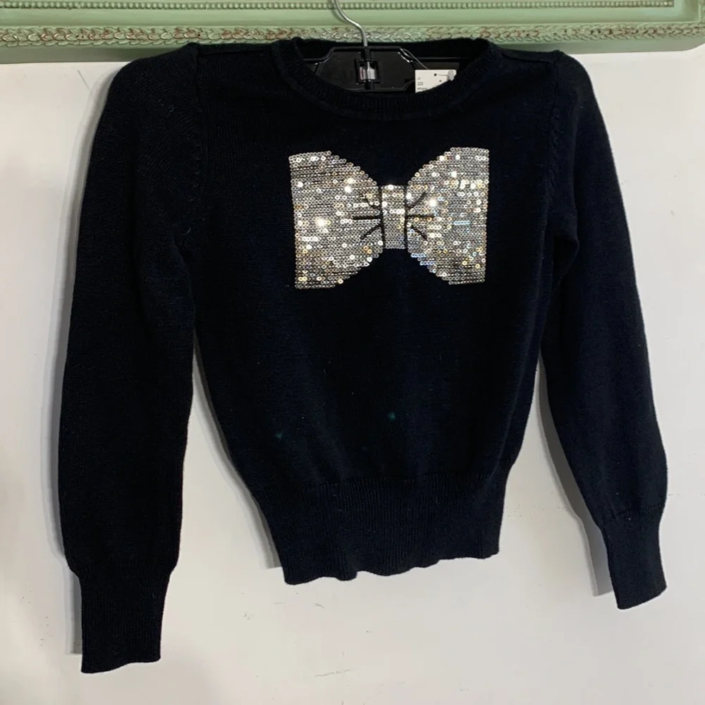 NWT the children’s place black crewneck pull over sweater silver sequin bow top